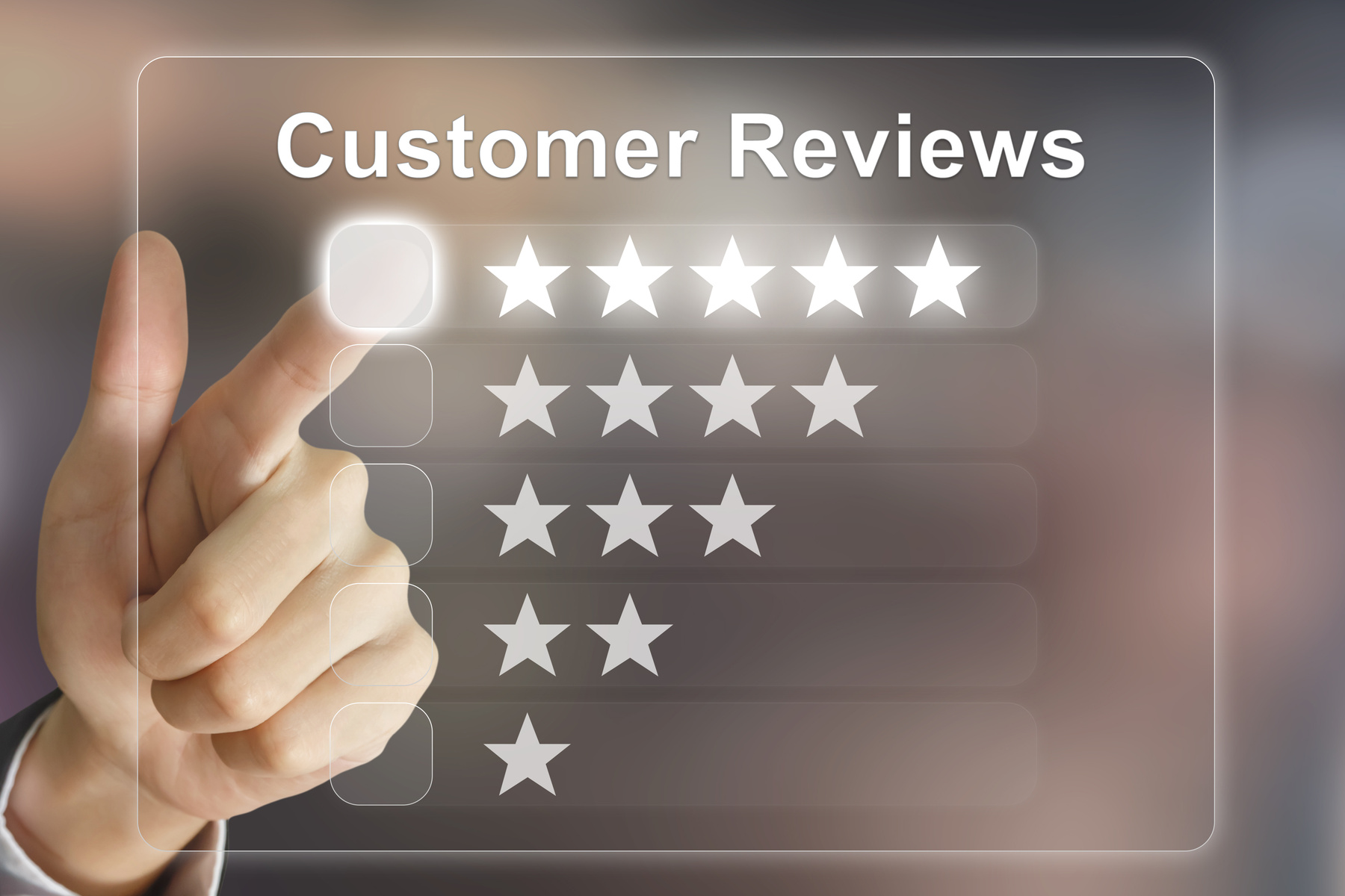 business hand pushing customer reviews on virtual screen